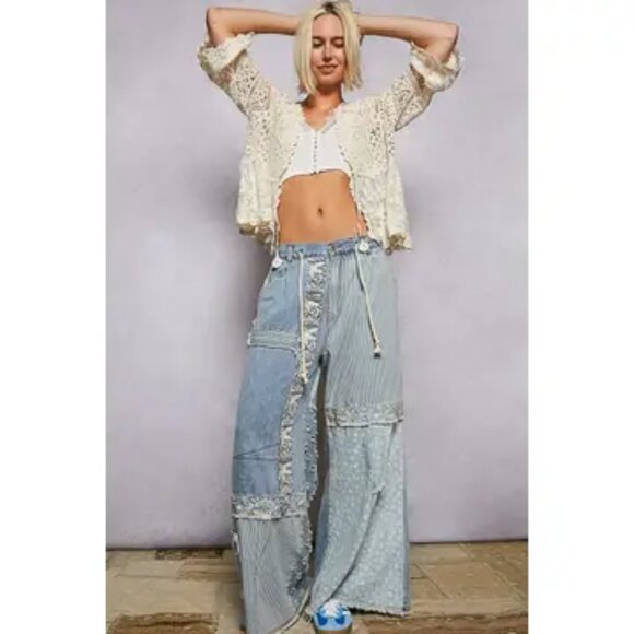 POL  Bluewander Patchwork Wide-Leg Pants Size Various - Picture 2 of 10